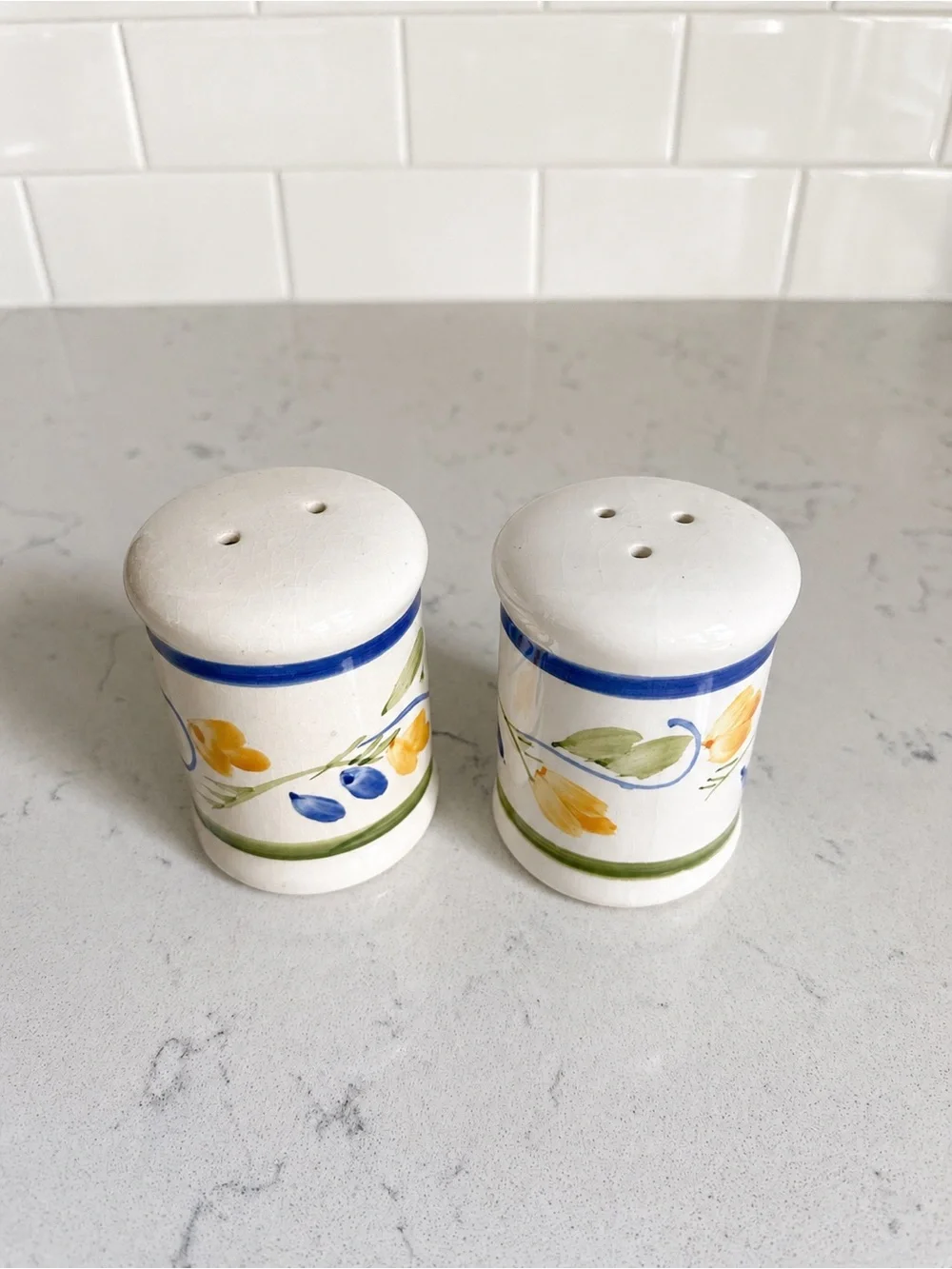 Vintage 1990s Hand-Painted Ceramic Salt and Pepper Shakers - Blue and Yellow